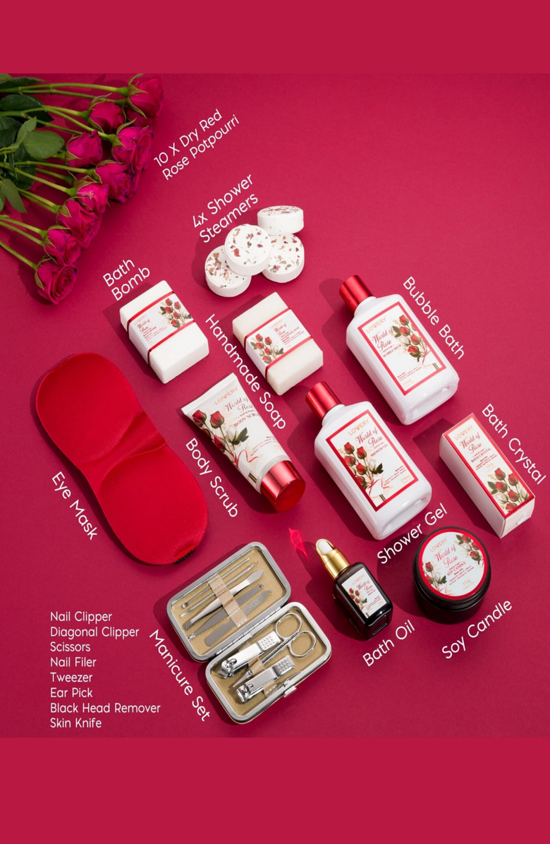 Lovery Valentines Red Rose 35pc Stress Relief Skincare Kit, Alternate, color, Red Rose