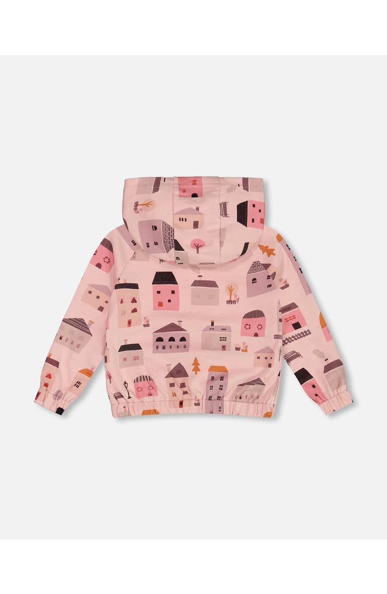 Deux par Deux Girl's Printed French Terry Hoodie Cardigan Pink And Coral Houses, Alternate, color, 