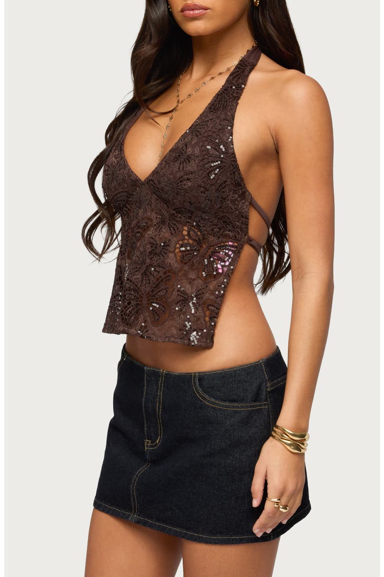 Butterfly Sequin Open Back Halter Top, Alternate, color, BROWN