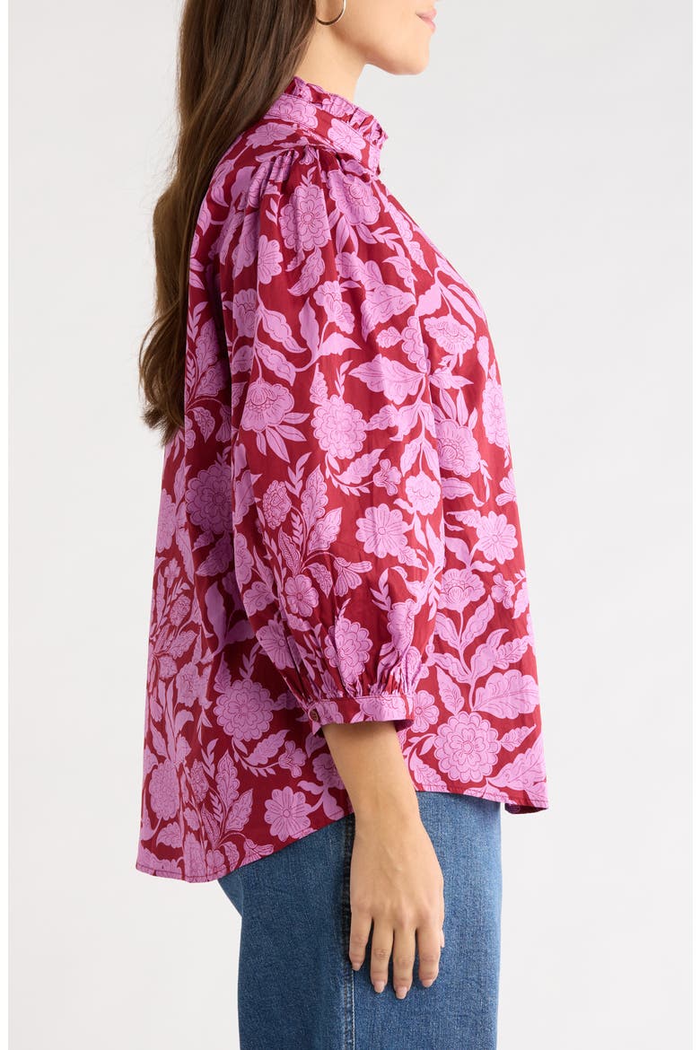 Yunice Floral Puff Sleeve Cotton Button-Up Top, Alternate, color, BURGUNDY-PINK