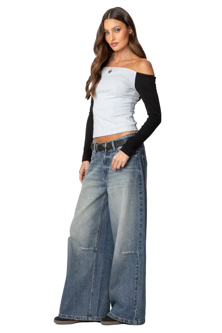 Colorblock Off the Shoulder Top, Alternate, color, GRAY-MELANGE