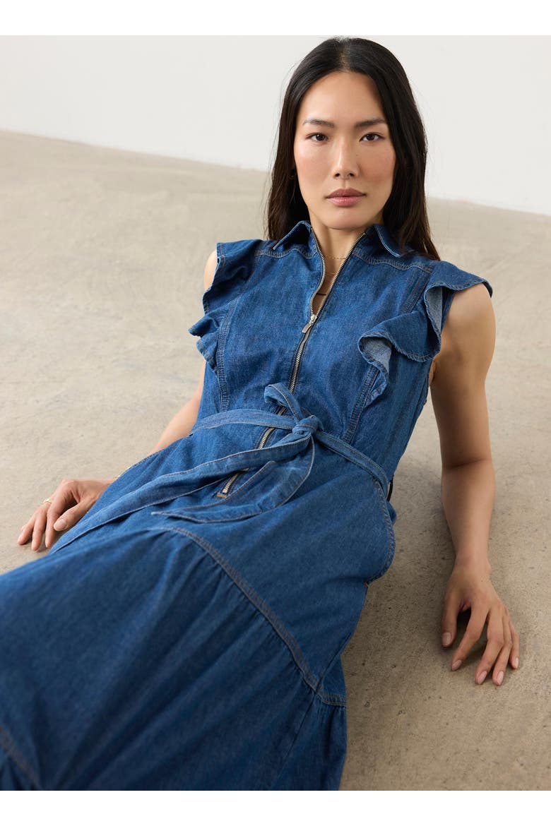 Denim Ruffle Maxi Shirt Dress, Alternate, color, Blue