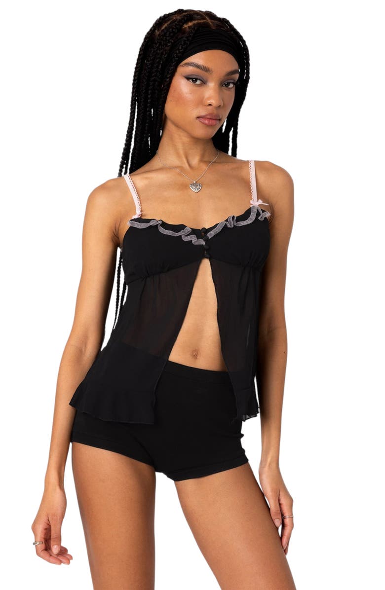 EDIKTED Sheer Split Front Babydoll Camisole, Alternate, color, Black