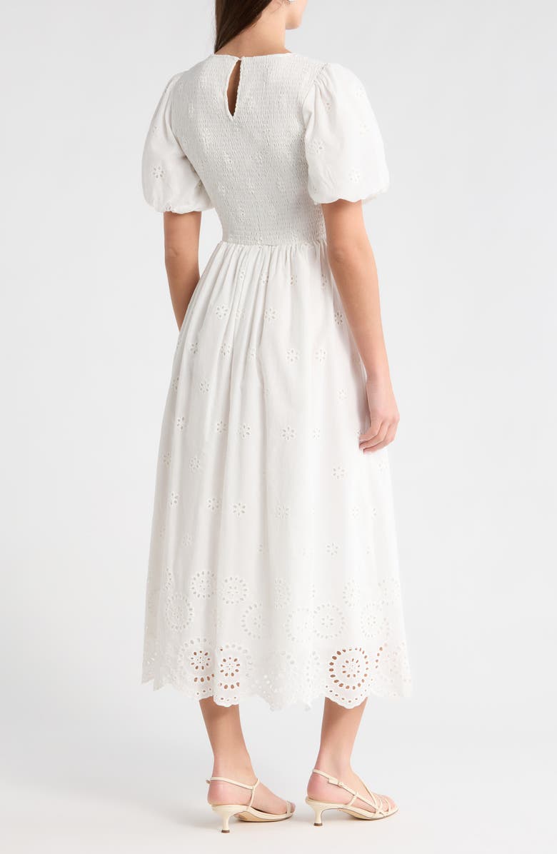 SUGARLIPS Deana Eyelet Smocked Midi Dress, Alternate, color, White