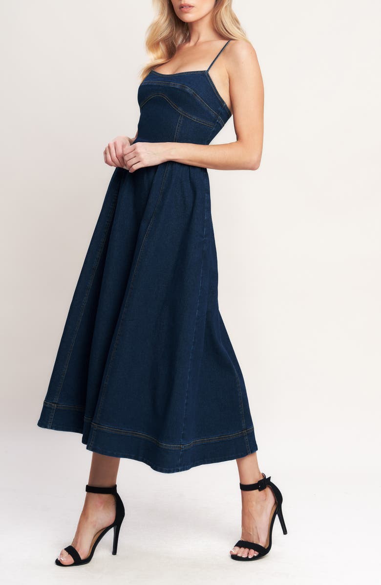 FLYING TOMATO Fit & Flare Denim Maxi Dress, Alternate, color, Medium Indigo