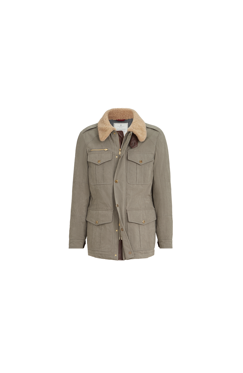 Brunello Cucinelli Waxed techno cotton safari jacket with Thermore<sup>®</sup> padding, nappa leather inserts and shearling collar, Alternate, color, Medium Grey