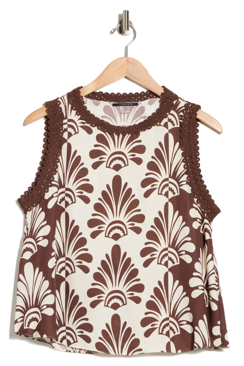 Lace Trim Shell, Alternate, color, IVORY/ BROWN FAN PRINT