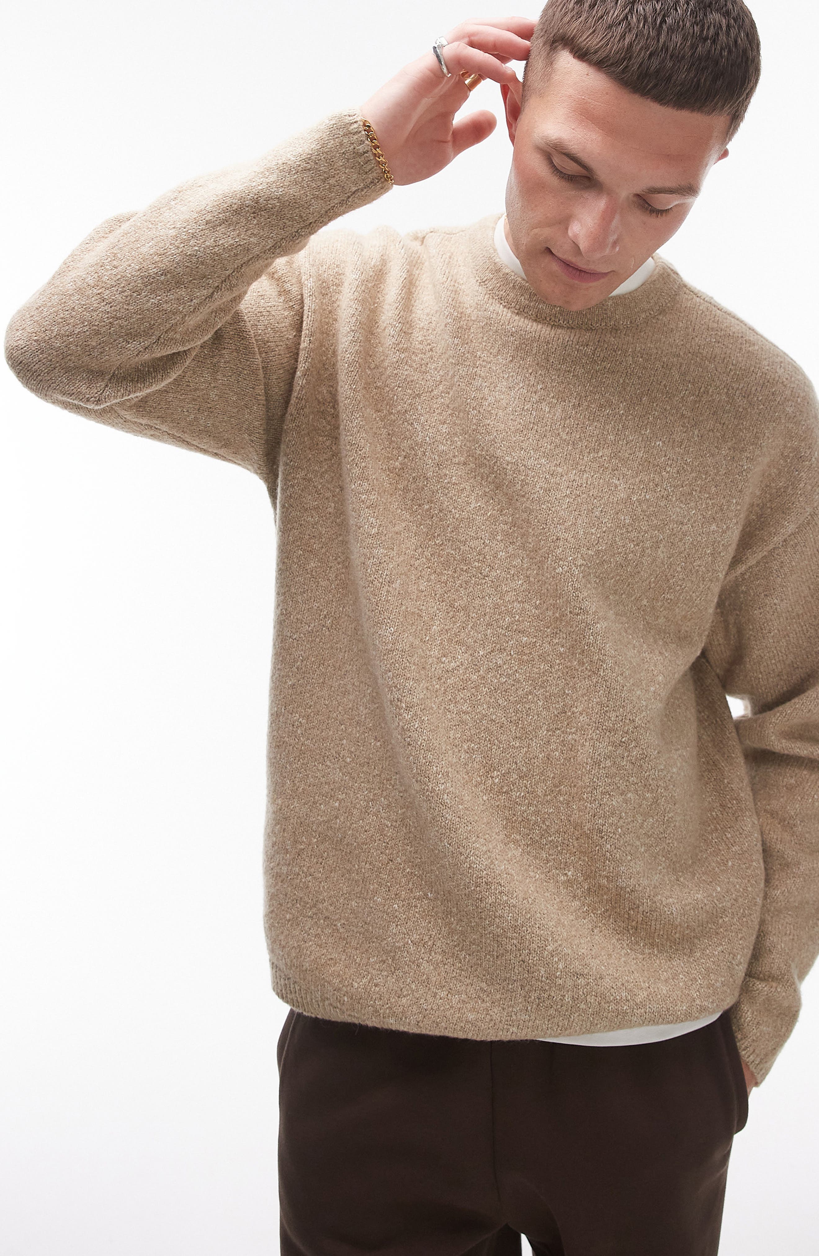 Topman Textured Crewneck Sweater in Stone 