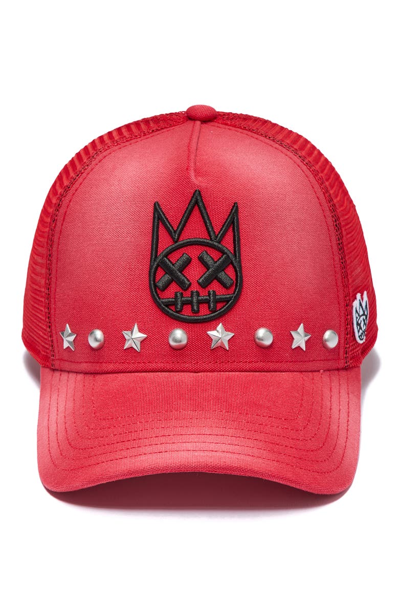 Shimuchan Logo Studded Trucker Hat, Alternate, color, ROCOCCO RED