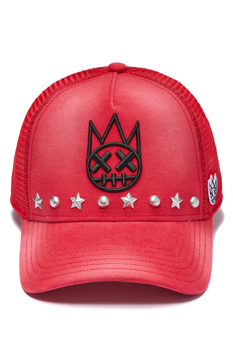 Cult of Individuality Shimuchan Logo Studded Trucker Hat, Alternate, color, Rococco Red