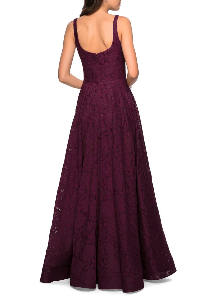 Long Lace Prom Dress with Attached Shorts, Alternate, color, Dark Berry