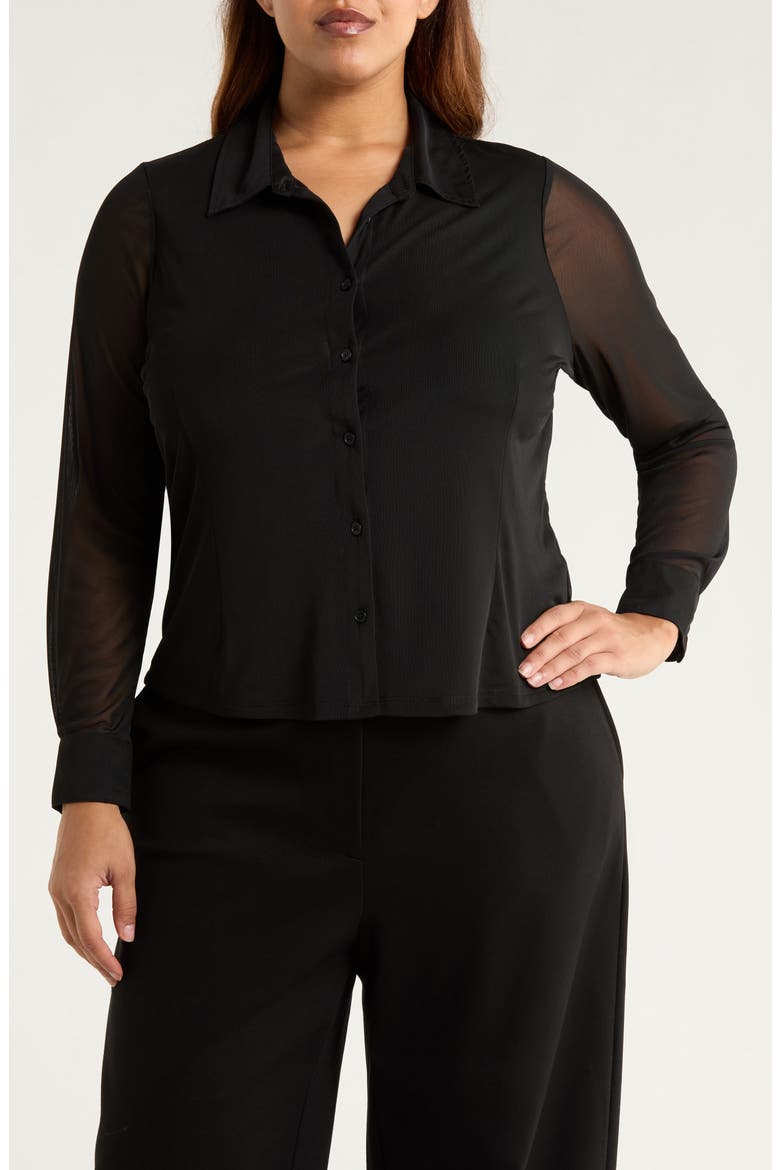 Mesh Button-Up Shirt, Main, color, BLACK