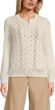 Lands' End Pointelle Crew Neck Cardigan Sweater