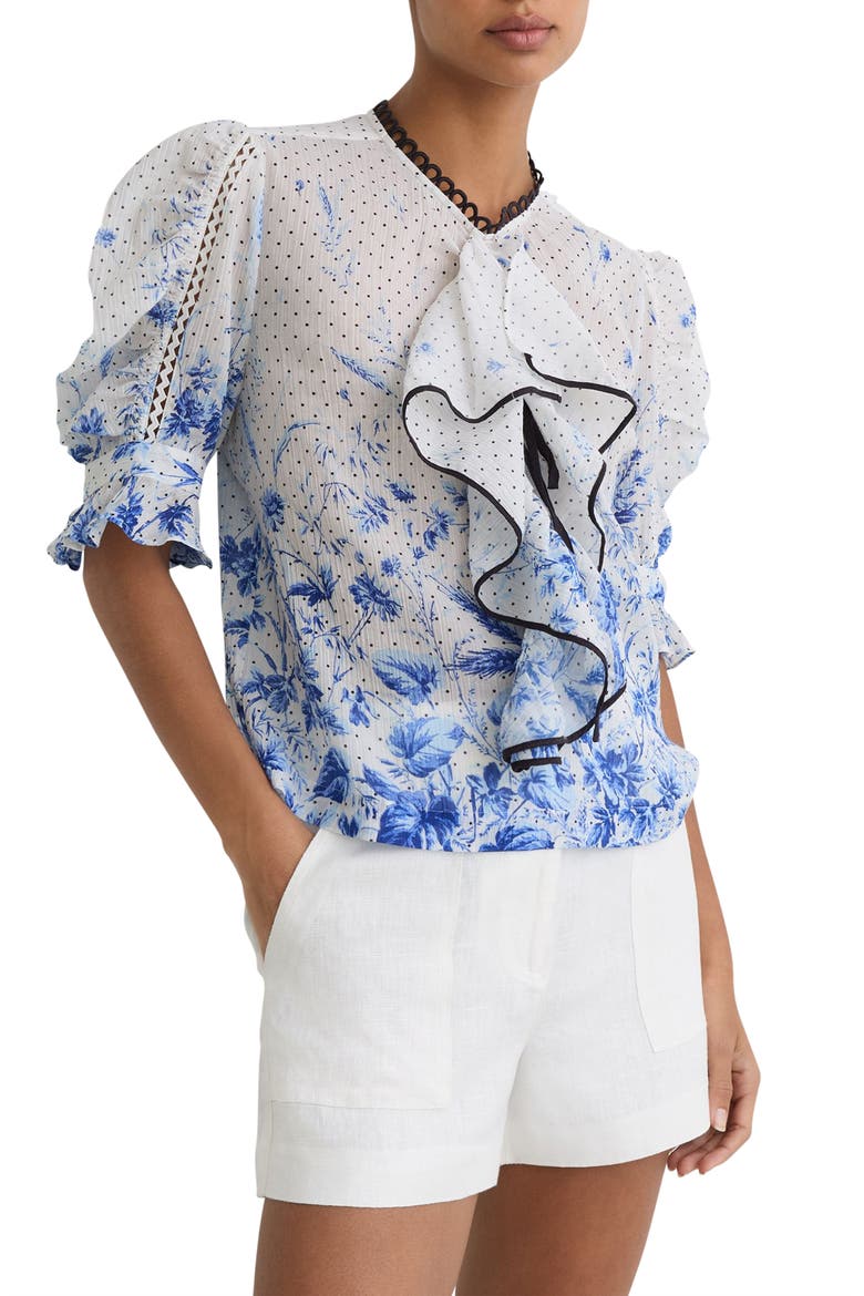 Minni Floral Ruffle Top, Main, color, IVORY/ BLUE