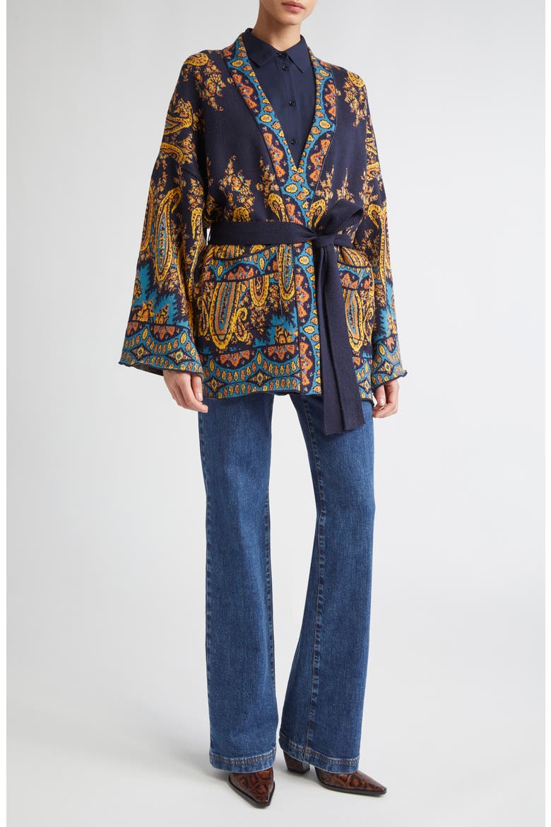 Paisley Jacquard Wrap Cardigan, Main, color, PRINT ON BLUE BASE