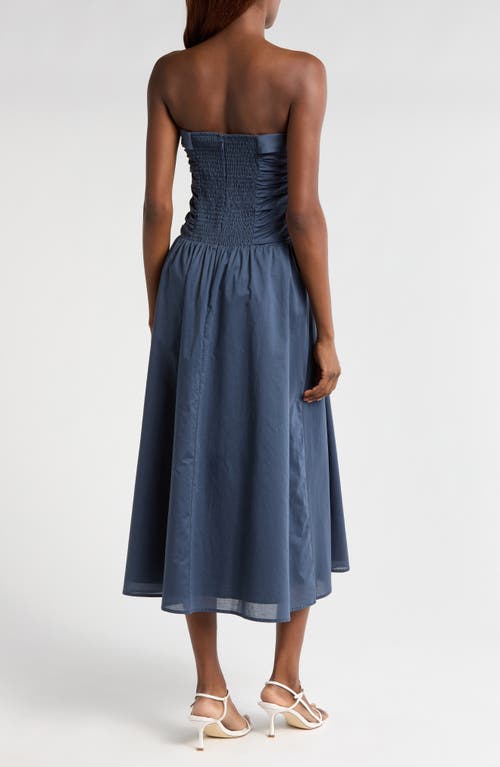 Wayf Olivia Pleated Bodice Convertible Strapless Cotton Midi Dress In Stone Blue