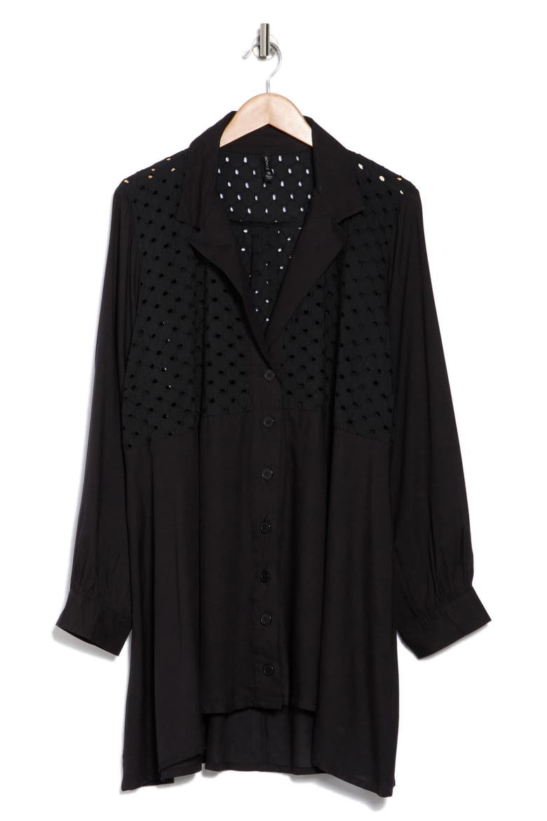 Eyelet Button-Up Shirt, Alternate, color, BLACK