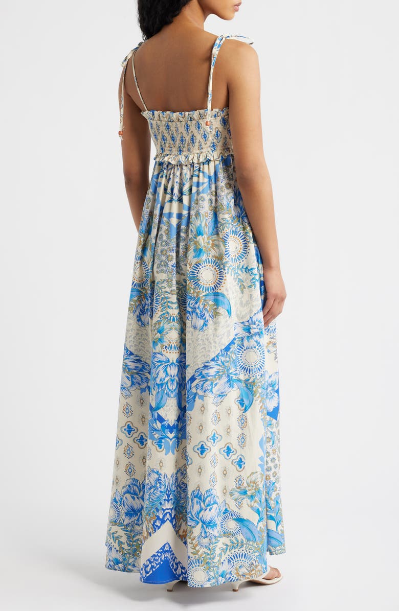 FLYING TOMATO Print Smocked Bodice Tie Shoulder Maxi Dress, Alternate, color, White/ Blue