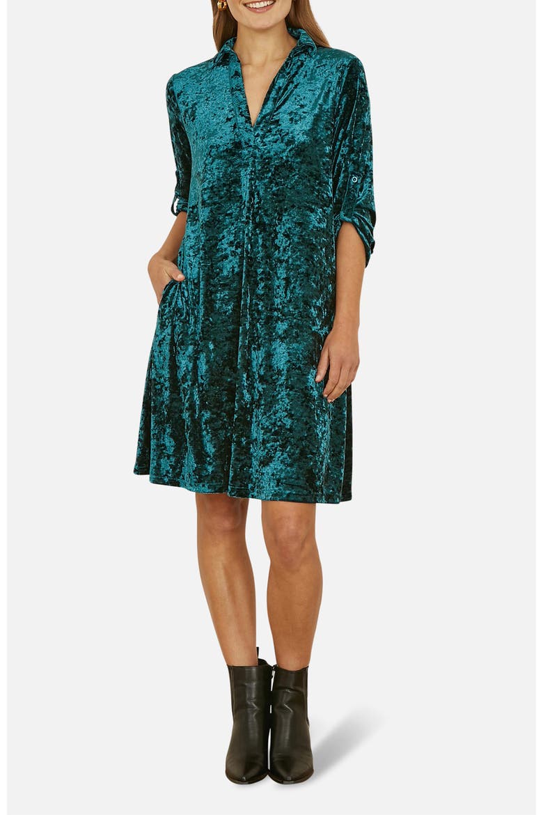 Velvet 3/4 Sleeve Collared Tunic Dress, Alternate, color, Green
