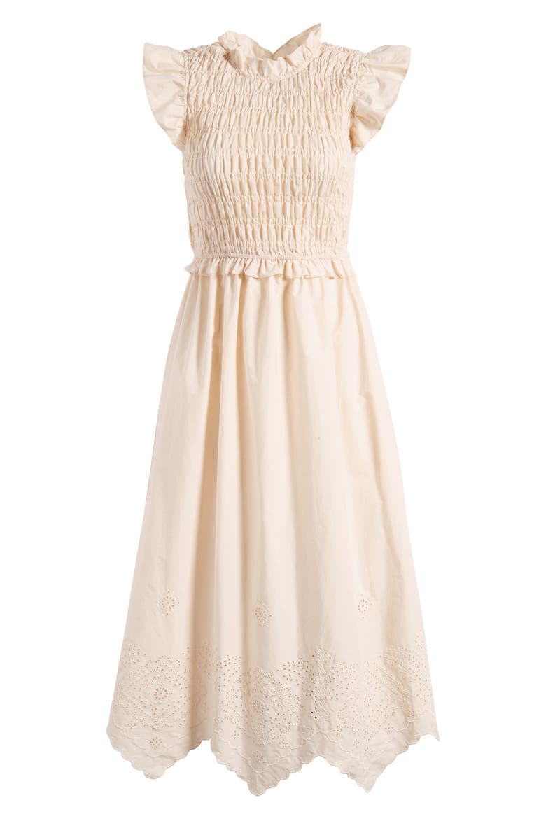 Ruffle Eyelet Smocked Stretch Cotton Dress, Alternate, color, CREAM