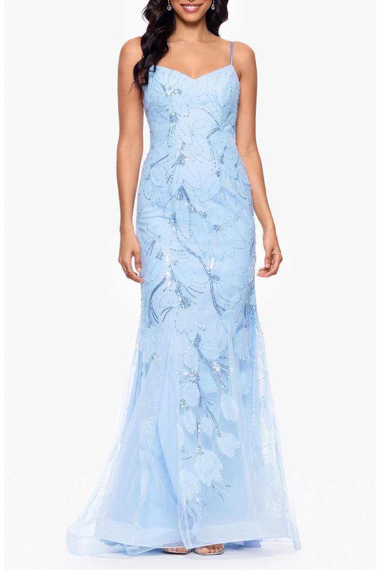 Embellished Floral Appliqué Mermaid Gown, Main, color, LIGHT BLUE