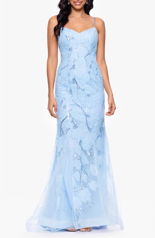 Shop Betsy & Adam Embellished Floral Appliqué Mermaid Gown In Light Blue