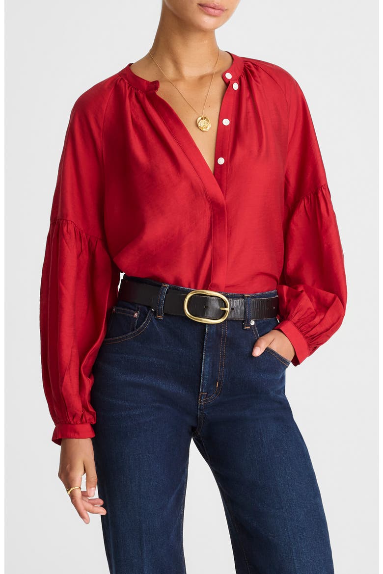Shirred Balloon Sleeve Button-Up Top, Main, color, CRIMSON