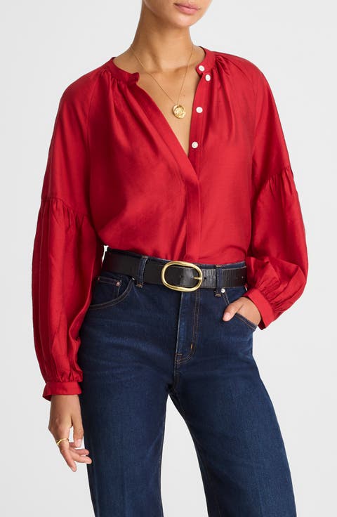 Shirred Balloon Sleeve Button-Up Top