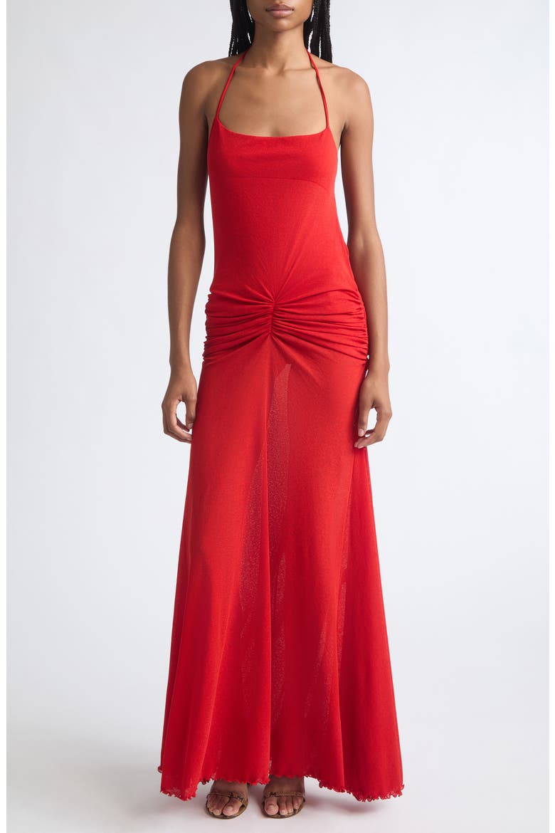 Ruched Mesh Halter Maxi Dress, Main, color, RED