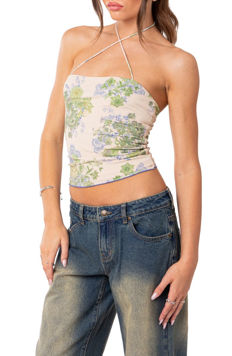 EDIKTED Garden Party Floral Print Mesh Top, Alternate, color, Ivory Mix