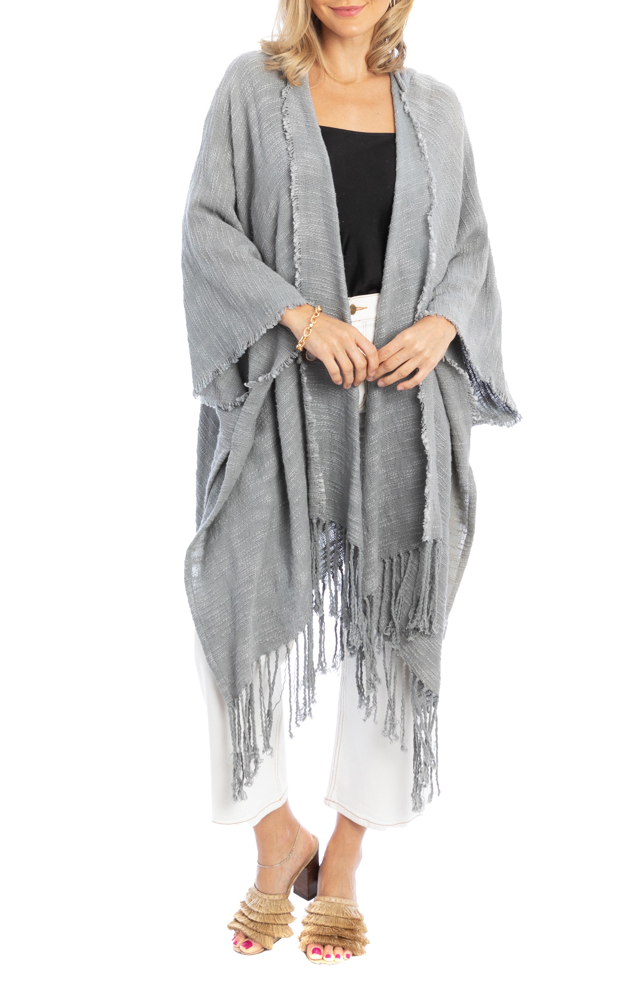 SAACHI Hooded Fringe Cotton Ruana