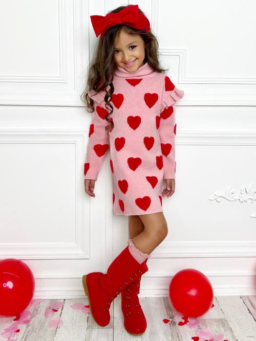 MIA BELLE GIRLS MIA BELLE GIRLS KIDS' WARMS MY HEART PINK TURTLENECK SWEATER DRESS