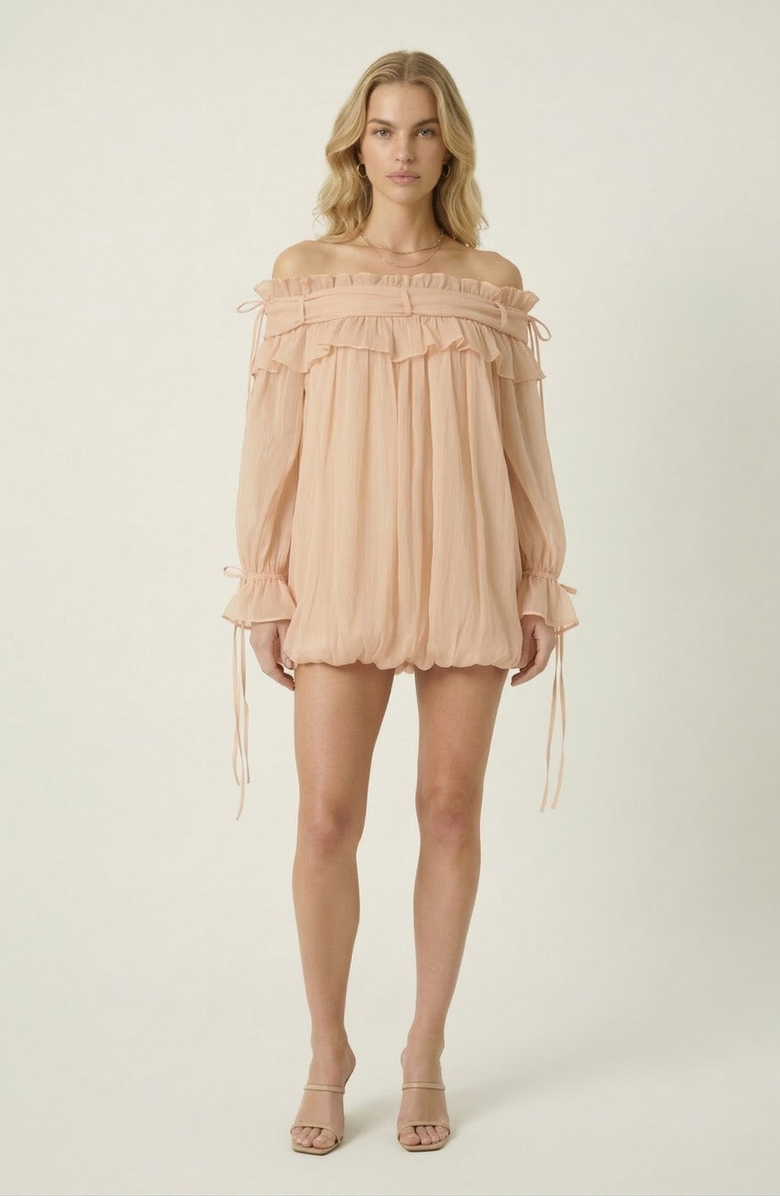 Modenaire Off Shoulder Ruffle Mini Dress, Main, color, Peach