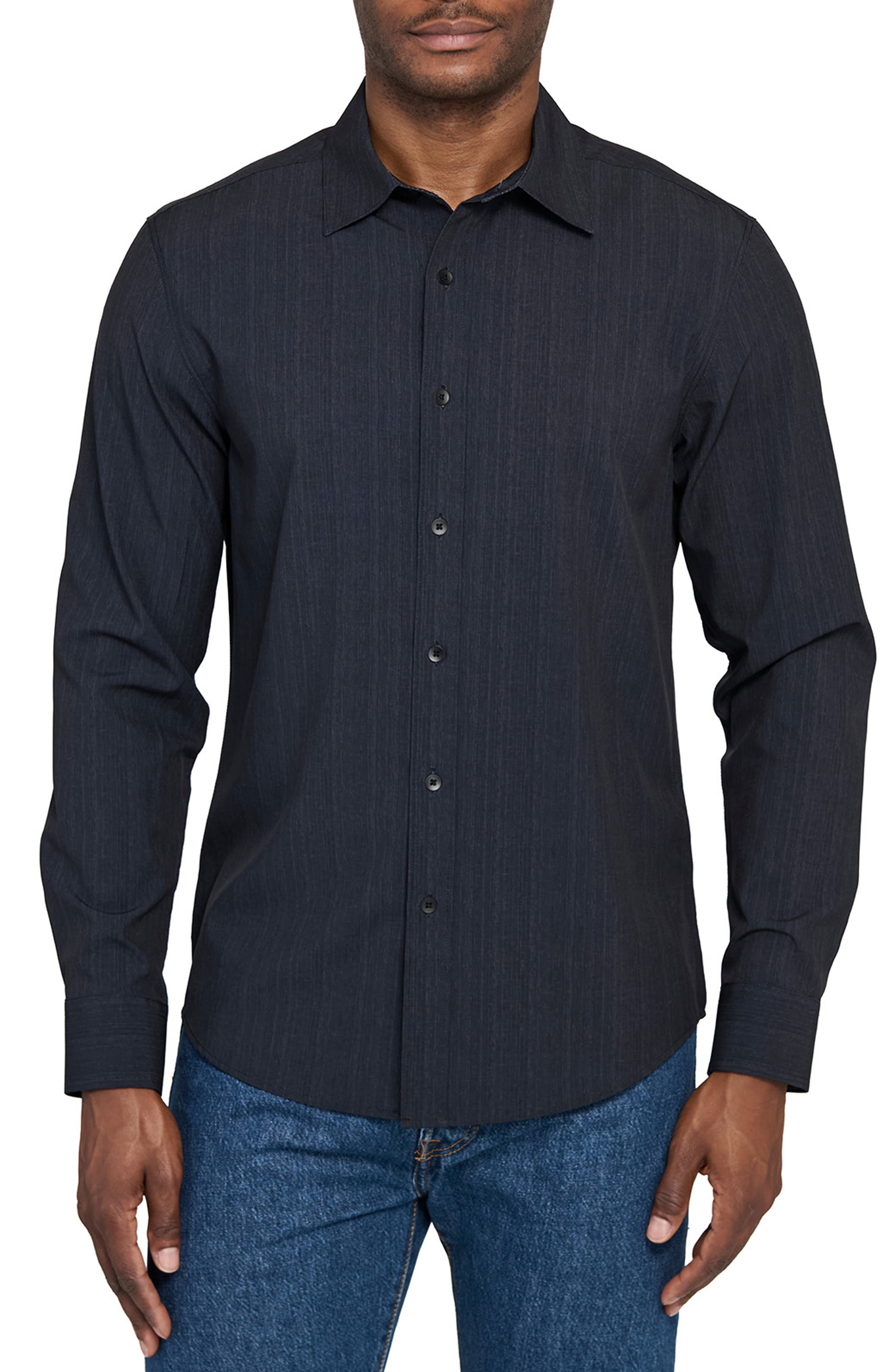 Slim Fit Navy Abstract Stripe Performance Button-Up Shirt