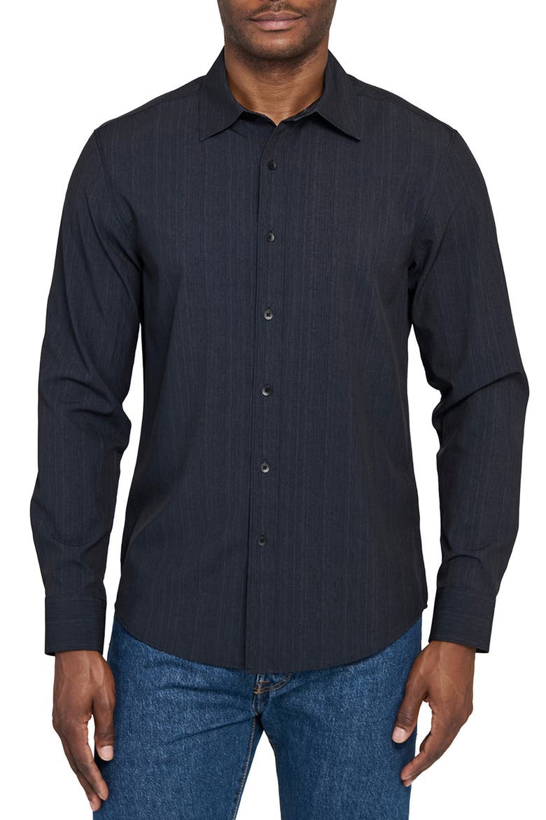 Slim Fit Navy Abstract Stripe Performance Button-Up Shirt, Main, color, NAVY
