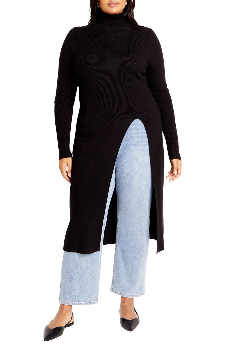 City Chic Split Longline Long Sleeve Sweater Dress, Main, color, Black