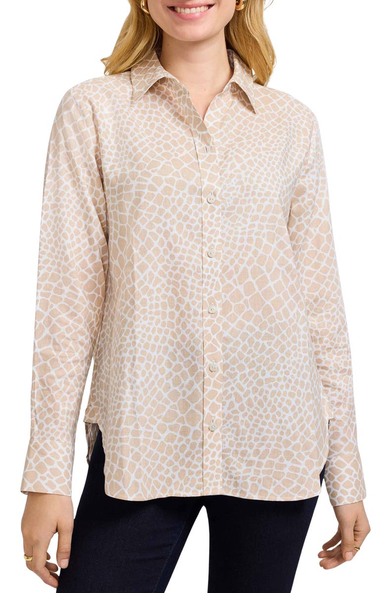 Foxcroft Meghan Giraffe Print Linen Blend Shirt, Main, color, Flax White