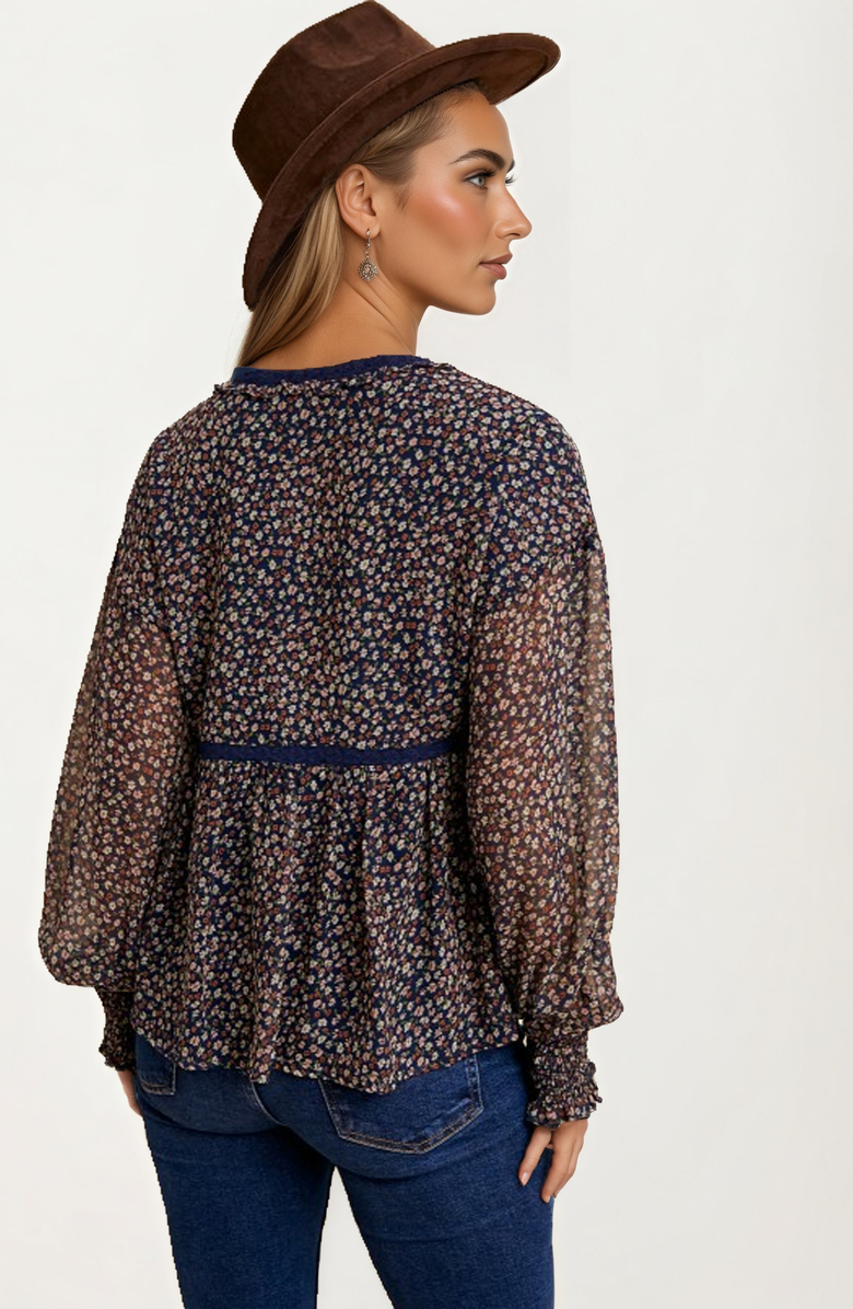 Knit and Lounge Sheer Floral Long Sleeve Blouse with Smocked Cuffs, Alternate, color,