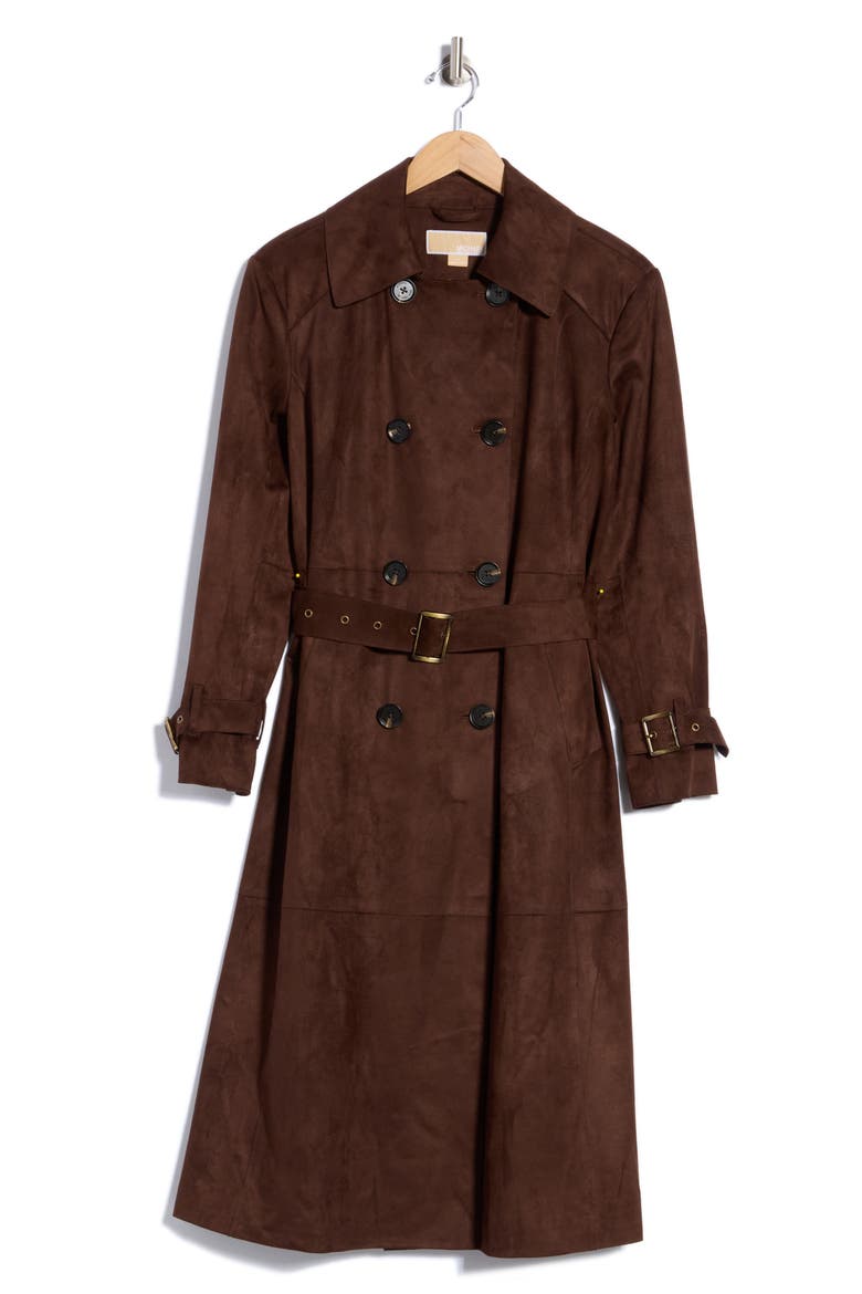 Double Breasted Faux Suede Trench Coat, Alternate, color, CHOCOLATE