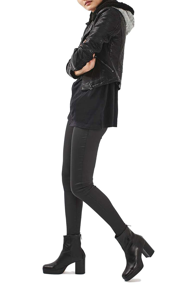 Topshop Maggie Faux Leather Biker Jacket with Hood, Alternate, color, 