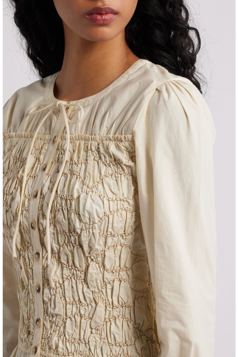 Elliana Smocked Organic Cotton Cardigan, Alternate, color, BUTTER