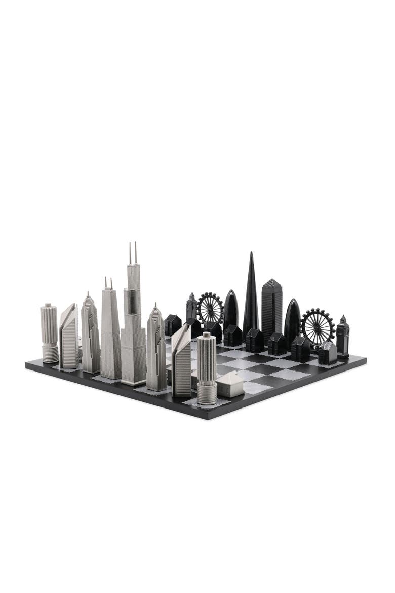 Chess Set Stainless Steel LONDON vs CHICAGO with B/W Hatch Board, Main, color, White