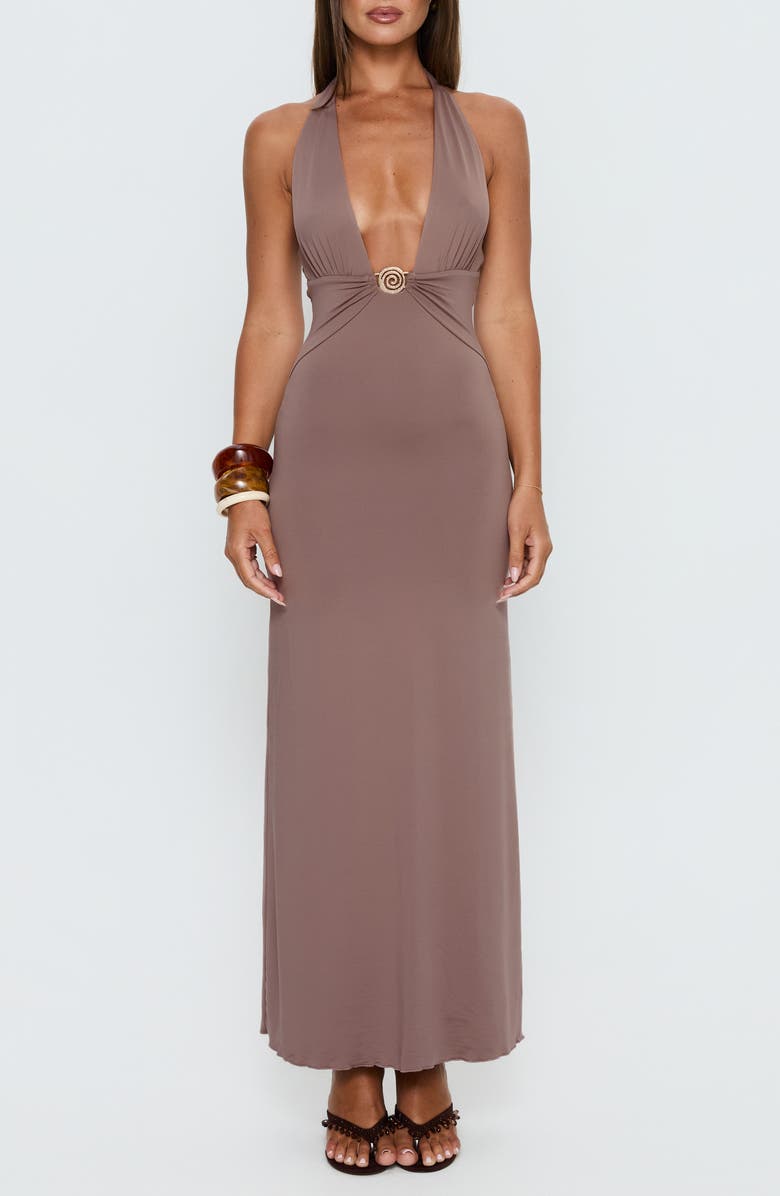 Princess Polly Naysana Plunge Halter Maxi Dress, Main, color, Mocha