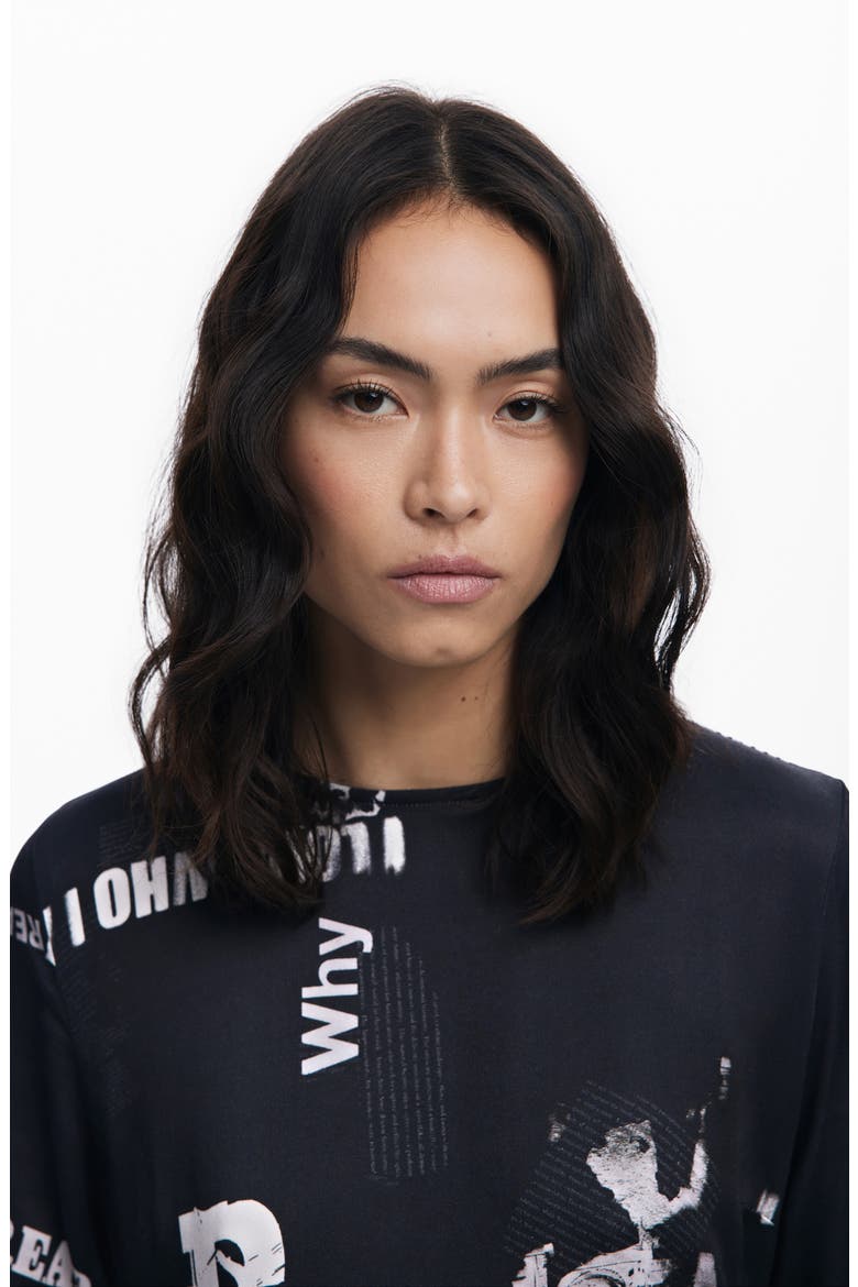 Newspaper Print Long Sleeve Dress, Alternate, color, BLACK