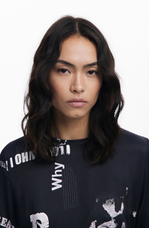 Desigual Newspaper Print Long Sleeve Dress In Black
