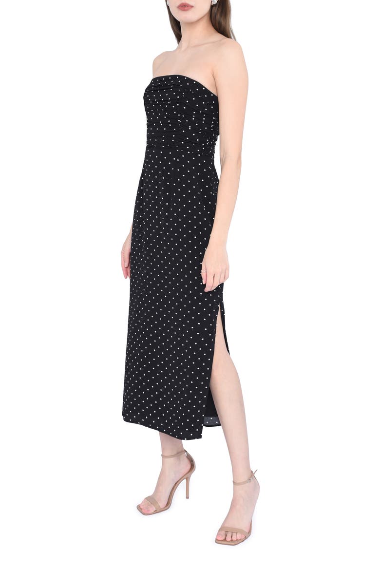 Birdie Ruched Strapless Midi Dress, Alternate, color, BLACK POLKA-DOT
