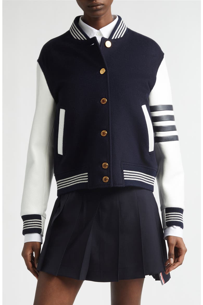 4-Bar Wool & Leather Varsity Jacket, Main, color, NAVY