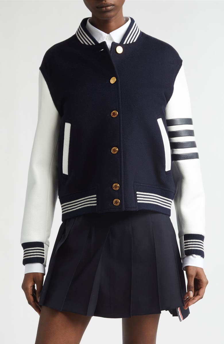 Thom Browne 4-Bar Wool & Leather Varsity Jacket, Main, color, Navy