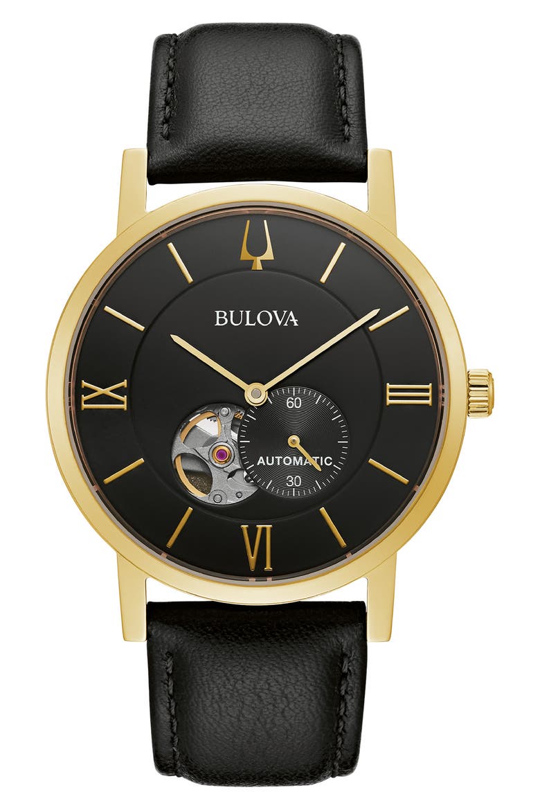 Automatic Leather Strap Watch, 42mm, Main, color, BLACK