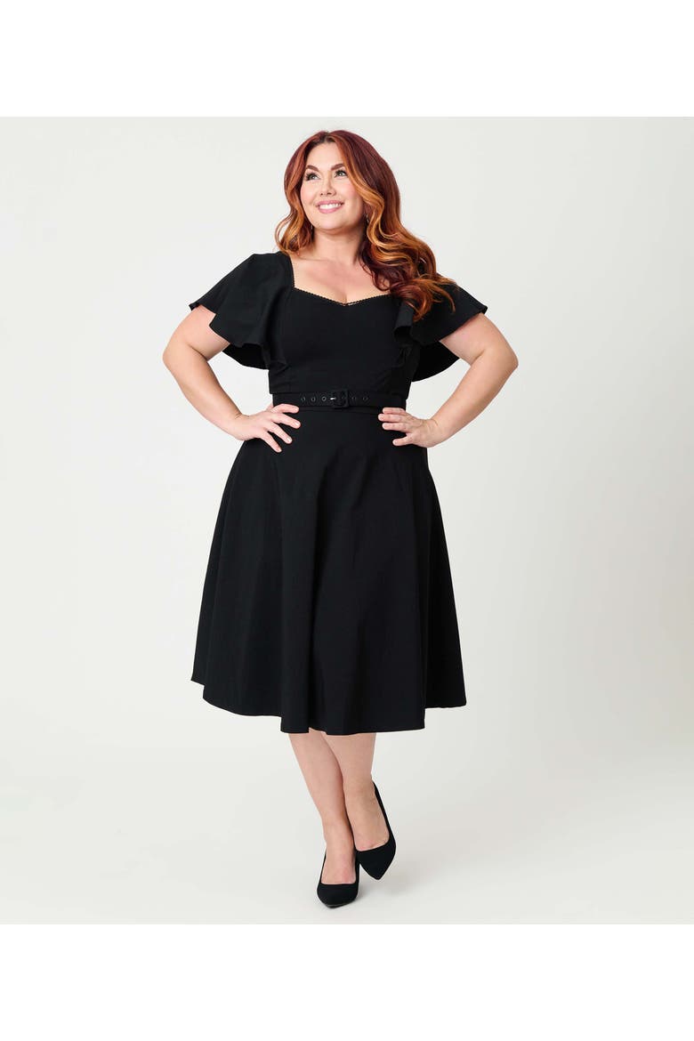 Plus Size Flutter Sleeve Belted Swing Dress, Alternate, color, Solid Black